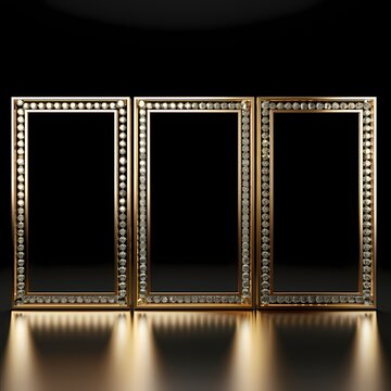 hyper realistic 3 gold frame with shiny diamond