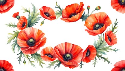 red poppies watercolor delicate drawing of wild flowers in a field on a white background. generative ai, a collection of soft watercolor poppies flowers isolated on a transparent background, abstract