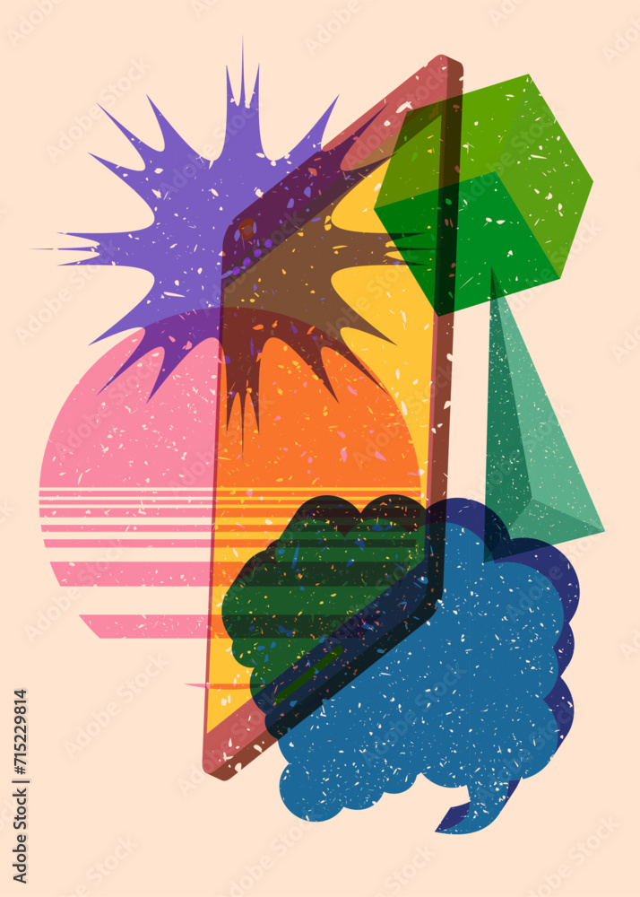 Poster risograph smart phone with speech bubble with geometric shapes. objects in trendy riso graph print t