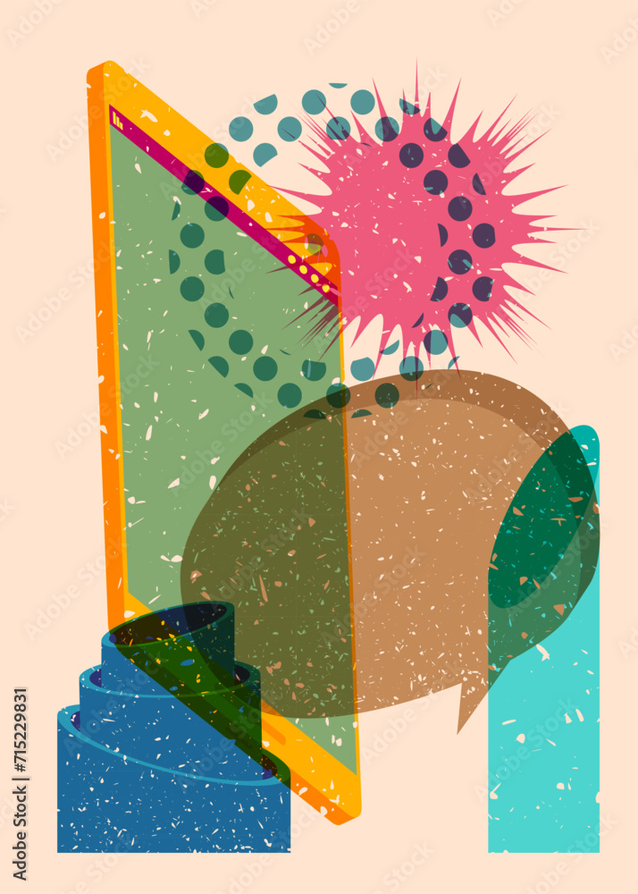 Poster risograph smart phone with speech bubble with geometric shapes. objects in trendy riso graph print t