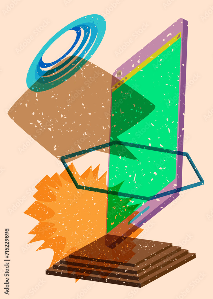 Poster risograph smart phone with speech bubble with geometric shapes. objects in trendy riso graph print t