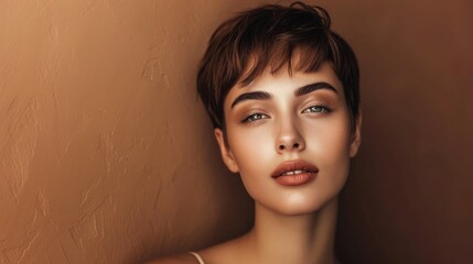 Portrait of a beautiful brown-haired woman with a short haircut on a brown background