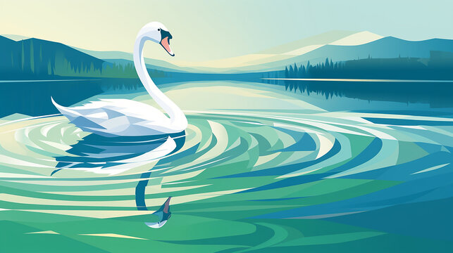 elegant art piece of swan on glassy lake, reflection perfect symmetry against the muted blues greens