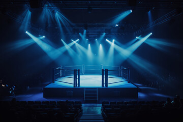 Empty MMA Fighting Ring with Blue Lights in Arena - obrazy, fototapety, plakaty