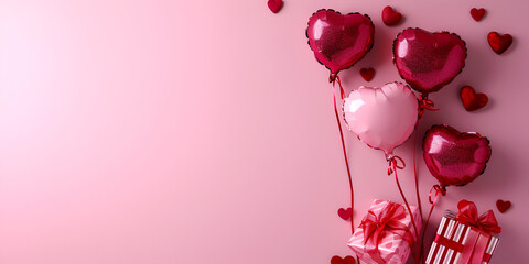 Valentine's day background with red and pink hearts on white background, flat lay, copy space background, Generative Ai