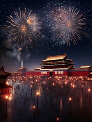 Fototapeta premium Magnificent Tian 'anmen Square, Gift bag, Fireworks, Fairy light, Stars, Starry Red Sky, Matte painting by Michael James Smith, CG rendering, Volume Light, Space Art with generative ai