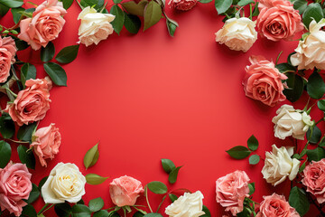 Wedding arrangement of roses with heart shape on red background.