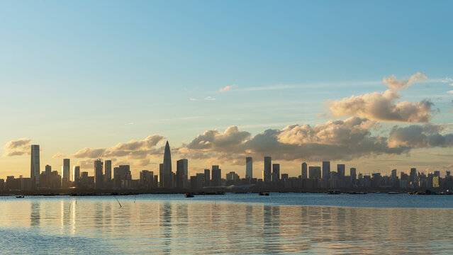 Skyline of Shenzhen city, China. Viewed from Hong Kong border Lau Fau Shan