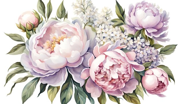 Set of floral bouquet of peonies flowers, Watercolor, spring collection of hand drawn flowers, Botanical plant illustration , elegant watercolor, mother's day, women's day, banner, templates, ai