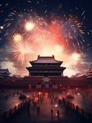 Magnificent Tian 'anmen Square, Gift bag, Fireworks, Fairy light, Stars, Starry Red Sky, Matte painting by Michael James Smith, CG rendering, Volume Light, Space Art with generative ai