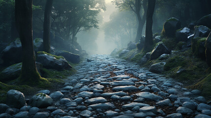 A pebble strewn path leading through misty forest, cool color palette sense mystery. 3D rendering - obrazy, fototapety, plakaty