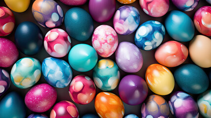 Fototapeta na wymiar Top view of colorful Easter eggs on dark surface. Multicolor painted eggs. Generative AI.
