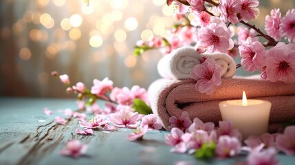 Concept of a spa beauty treatment background with calming and relaxing elements such as candles, massage stones, and aromatic flowers