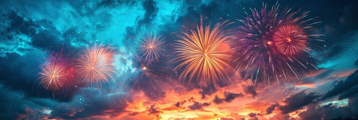 Fototapeta premium Colorful Fireworks On Cloudy Blue Sky, Background HD, Illustrations