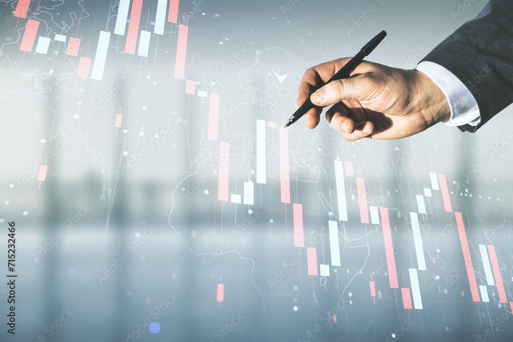 Poster man hand with pen working with abstract virtual crisis chart illustration on blurred office backgrou