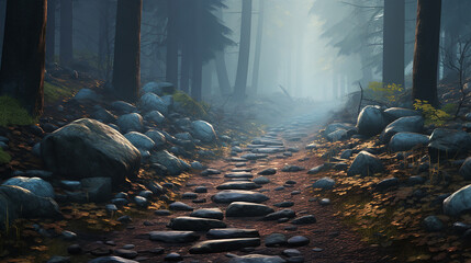 A pebble strewn path leading through misty forest, cool color palette sense mystery. 3D rendering