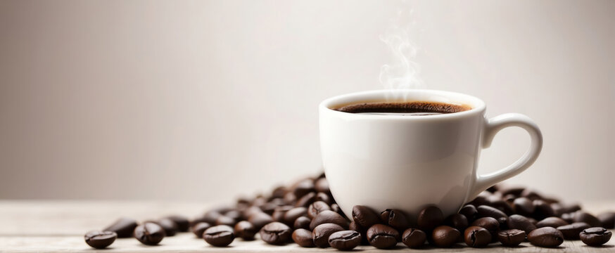 white espresso cup and coffee beans wallpaper, on white wide banner caffe concept with copy space