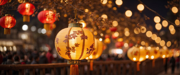 Wide Elegant Ornate golden Chinese New Year Lanterns on bokeh golden Nights with copy space, chinese new year banner design
