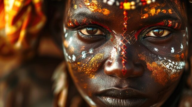 A powerful closeup of a woman with bold tribal face paint and sparkling fireinspired spark motifs, evoking the passion and strength of an African queen.