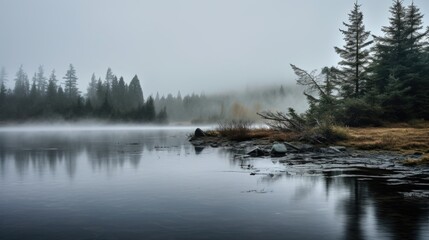 Fototapeta premium Lost in the Fog A lake disappearing into a dense fog, evoking a sense of mystery and solitude.