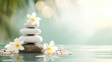 Fototapeta na wymiar Concept of a spa beauty treatment background with calming and relaxing elements such as candles, massage stones, and aromatic flowers