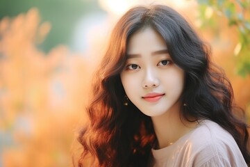 Fototapeta premium Beautiful Asian girl smiles and stares into the camera with happiness
