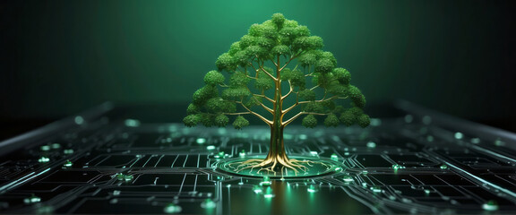 Digital green tree on computer circuit board, innovation and sustainability concept