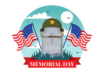 Memorial Day of Remember and Honor Vector Illustration with American Flag and Ribbon to Meritorious Soldier in Flat Cartoon Background