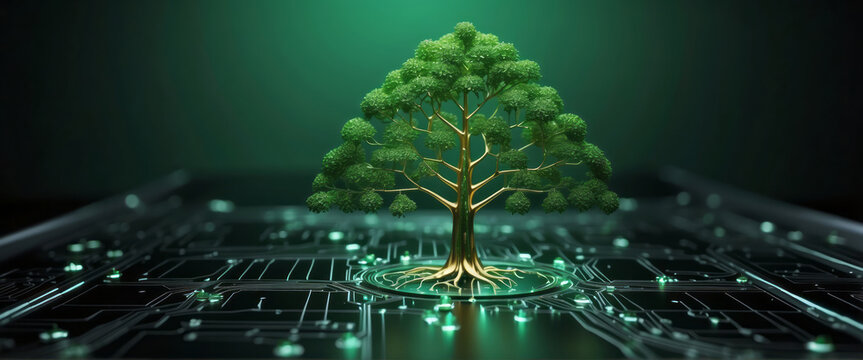 Digital green tree on computer circuit board, innovation and sustainability concept