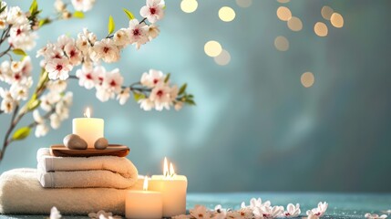 Concept of a spa beauty treatment background with calming and relaxing elements such as candles,...