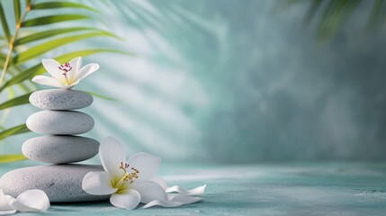 Background concept for a spa beauty treatment, incorporating calming elements like candles, massage stones, and aromatic flowers for a relaxing ambiance