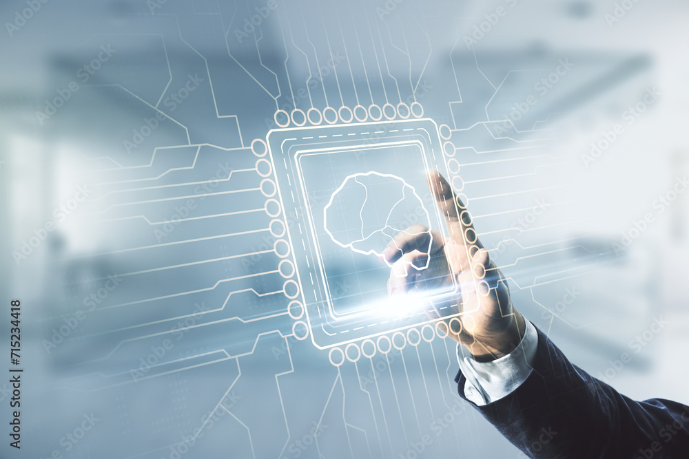 Poster man hand working with virtual creative artificial intelligence hologram with human brain sketch on b