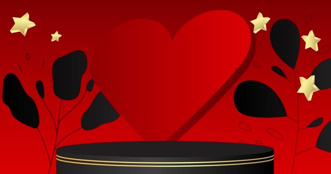 Black, gold and red mockup product display with hearts. Valentine's Day Animation cylinder pedestal podium. Stage showcase video for presentation.