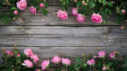 Fototapeta na wymiar Rustic wood plank with pink roses, ready for banner, copy space or background,
