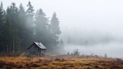 A solitary cabin in the woods, ly visible through the thick fog that engulfs the landscape. - obrazy, fototapety, plakaty