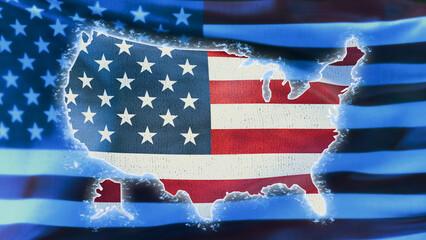 United States of America, patriotic independece USA flag and map seen through blue glass hole. A 3d...