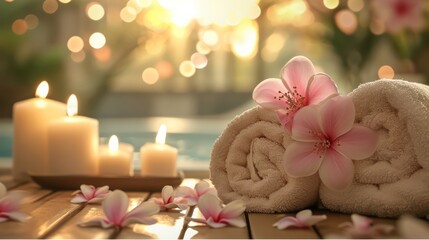 Spa beauty treatment concept background with elements of tranquility and relaxation, including candles, massage stones, and aromatic flowers