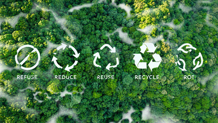 Zero waste Icons with recycling symbols in the middle of a beautiful forest. Reuse, Reduce, Recycle, Rot, Refuse. Representation of the ecological call to recycle and reuse, reuse, reduce, recycle.