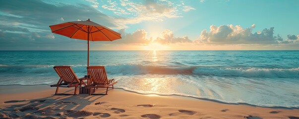 Landscape of beach with chair overlooking sea sand blending into sky in summer blue vacation by water edge in tropic ocean coast forming paradise with seascape view island travel embracing nature