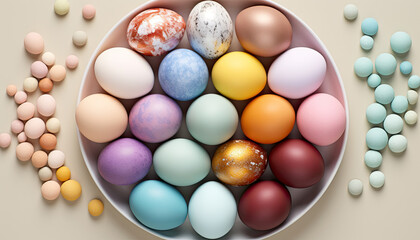 Fototapeta na wymiar Top view of colorful Easter eggs in a bowl on beige background. Multicolor painted eggs on light surface with small colored balls or stones. Generative AI.