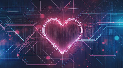 futuristic and abstract Valentine's Day banner using digital elements such as pixels, binary code, and circuit-like patterns.