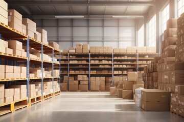 Retail warehouse full of shelves with cardboard boxes and packages, distribution delivery center