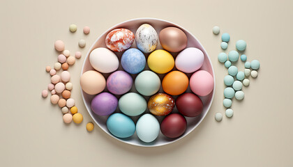 Obraz premium Top view of colorful Easter eggs in a bowl on beige background. Multicolor painted eggs on light surface with small colored balls or stones. Generative AI.