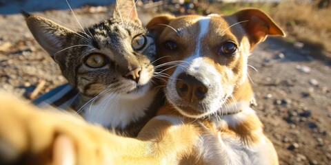 a cat and a dog making a selfie together, generative AI