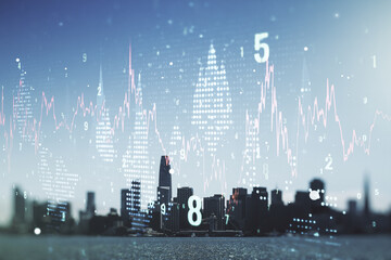 Abstract virtual financial graph hologram on San Francisco cityscape background, financial and...
