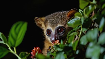 Obraz premium Closeup of a kinkajous big round eyes glowing in the moonlight as it delicately plucks a flower from a bush savoring the sweet nectar before moving on to its next foragin