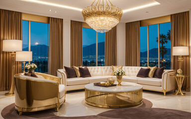 Luxury room adorned with design furniture featuring opulent golden elements, evoking Hollywood glamour.