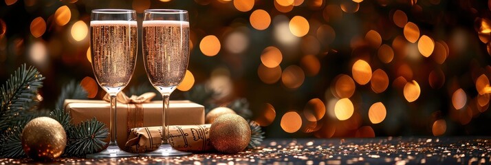 Glasses Champagne Gift Box On Shiny, Background HD, Illustrations