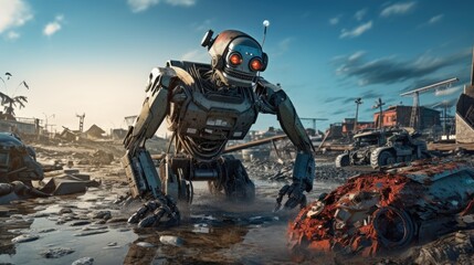 Fototapeta premium Robotics used in autonomous disaster recovery solid background