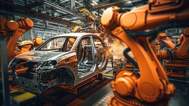 Robotics used in autonomous car manufacturing solid background